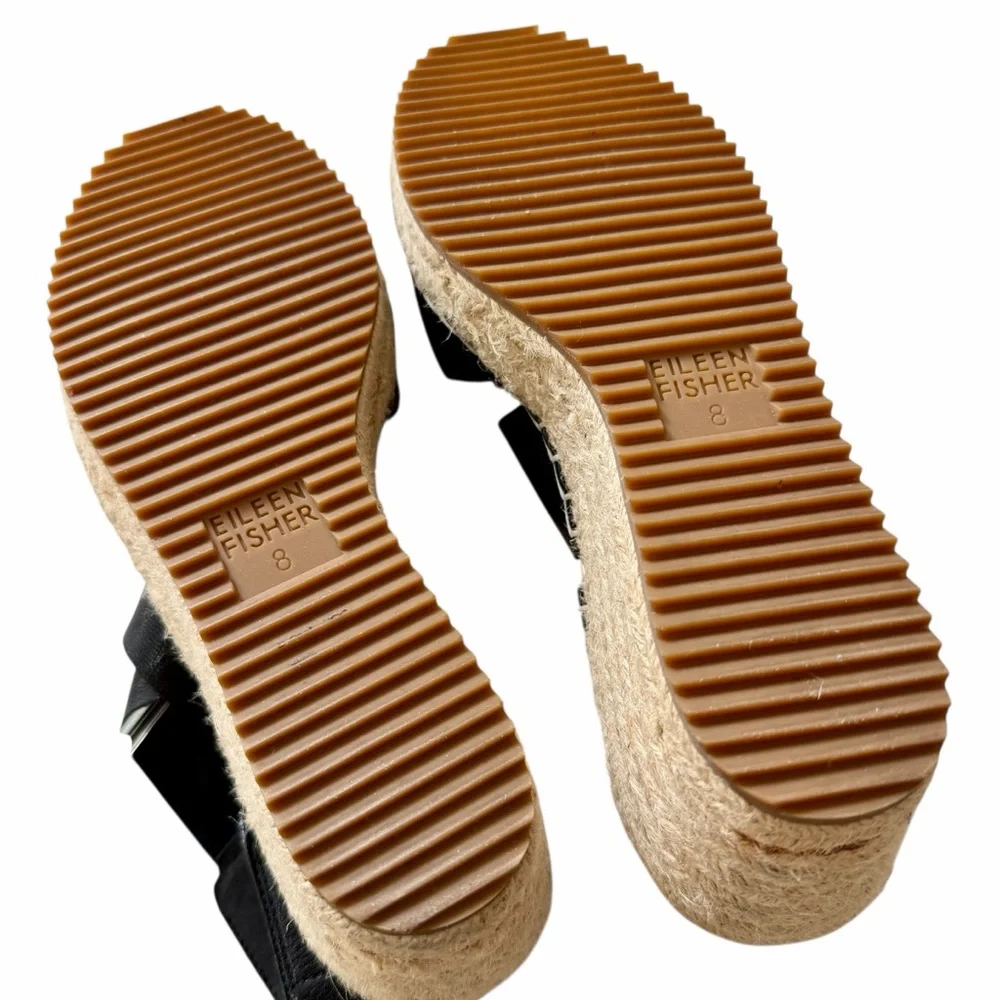 Eileen Fisher Willow Black Wedge Espadrille Platform Leather Sandals Size 8